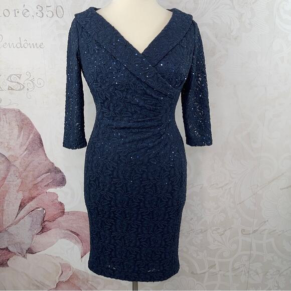 Tahari Arthur S. Levin Navy Sparking Lace Dress Size 10 - Picture 1 of 14